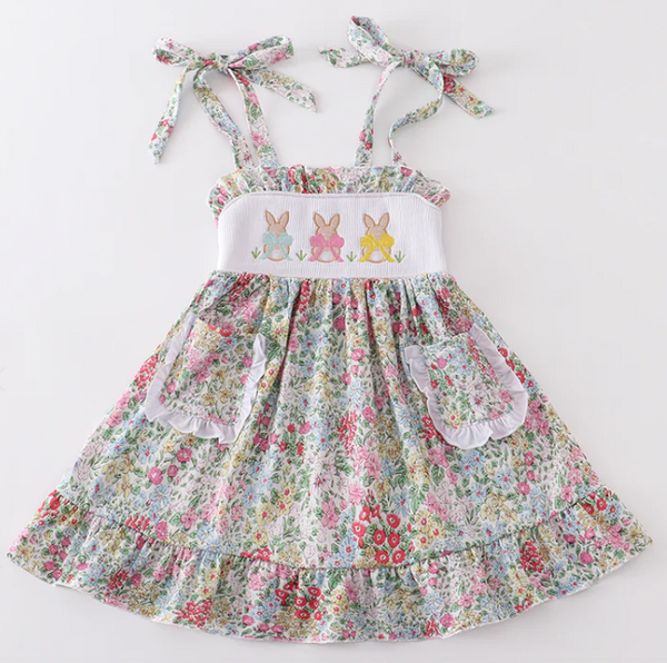 Floral print rabbit embroidery smocked dress