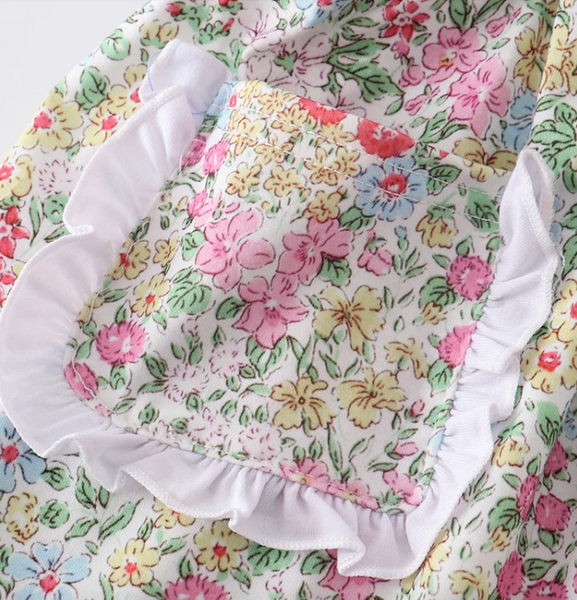 Floral print rabbit embroidery smocked dress