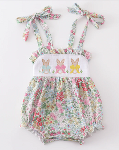 Floral print rabbit embroidery smocked girl bubble