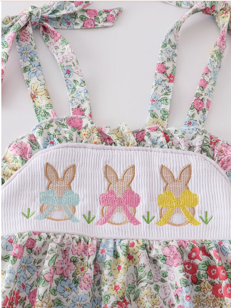 Floral print rabbit embroidery smocked girl bubble