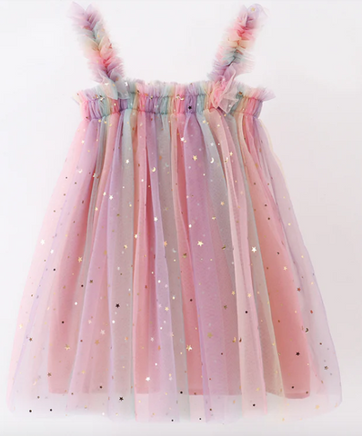 Rainbow star strap tulle dress