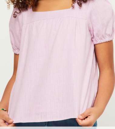 GN4517 Girls Linen Look Square Neck Puff Sleeve Top in Lavender