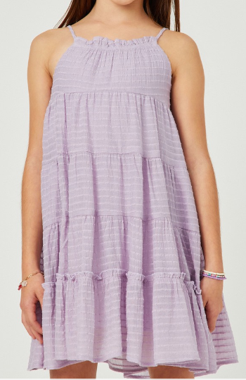 GY2634 Girls Texture Stripe Tiered Halter Mini Dress in Lavender