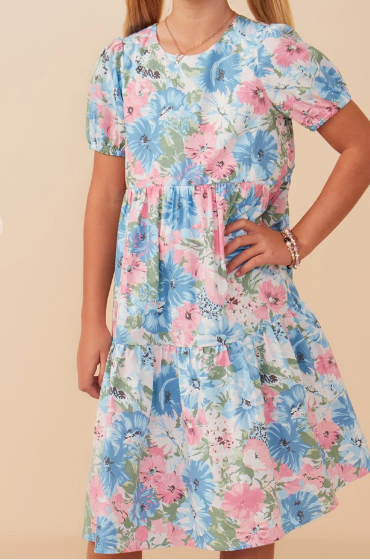 Girls Tropical Floral Short Sleeve Tiered Dress
