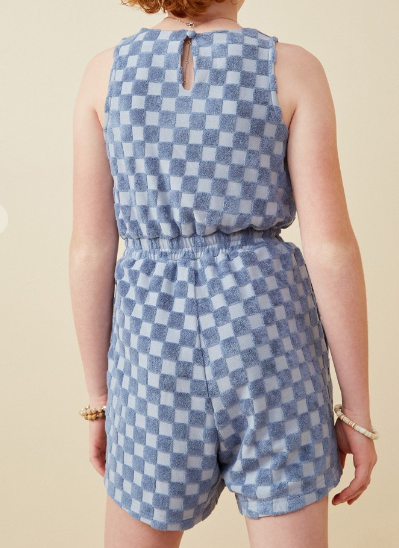 Girls Belted Blue Checkered Romper