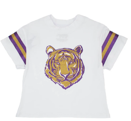 Glitter Tiger Face with Stripe detail boxy tee