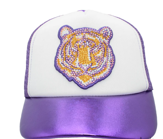 Trucker Cap Youth Metallic Purple with Rhinestone Tiger