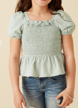 Girls Ruffle Detail Smocked Floral Embroidered Top in mint