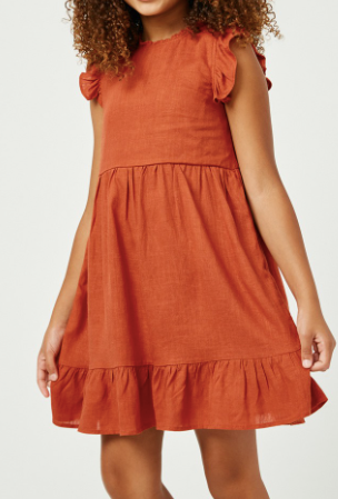 Girls Linen Look Ruffle Sleeve Keyhole Dress in Rust