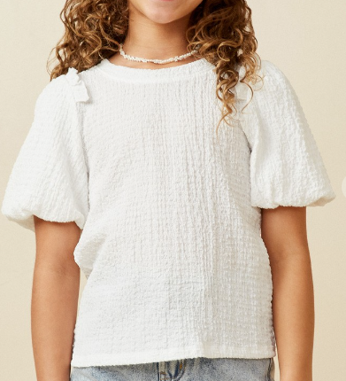 Girls Crinkled Puff Sleeve Knit Top in White