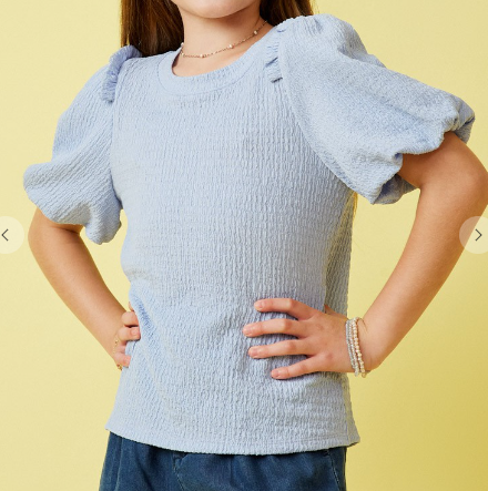 Girls Crinkled Puff Sleeve Knit Top in Blue