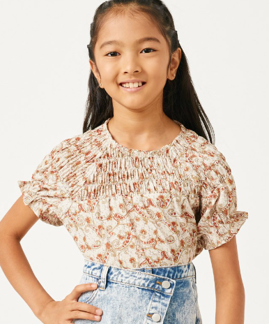 Girls Paisley Print Smocked Top in Tan