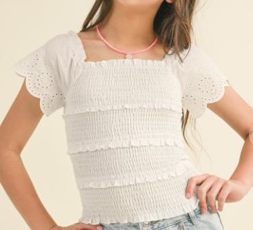 Girls Tiered Smocked Top in White