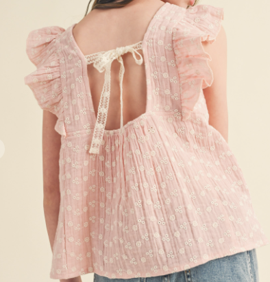 Light Pink Ruffle Sleeve Top with Flower Detail