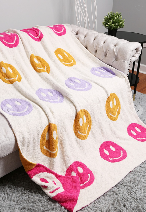 Multicolor Happy Face Reversible Throw Blanket in Bright Colors