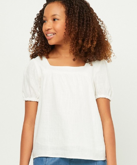 Girls Linen Look Square Neck Puff Sleeve Top