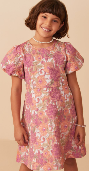 Girls Floral Print Puff Sleeve Jacquard Dress