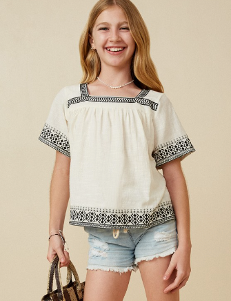 Girls Cotton Slub Textured Embroidered Square Neck