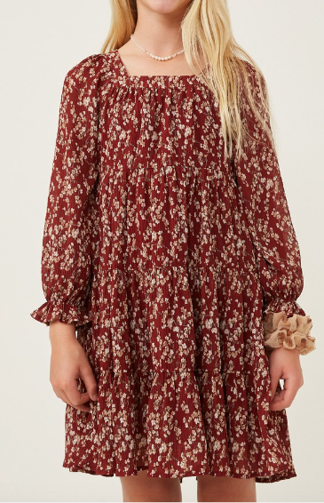 Ditsy Floral Cinched Puff Sleeve Square Neck Dress in Burgundy