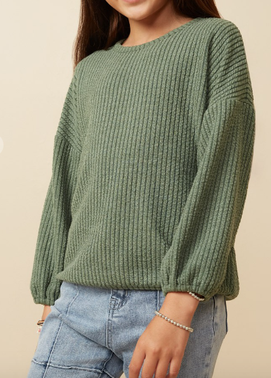 Girls Brushed Ribbed Puff Sleeve Knit Top in Olive