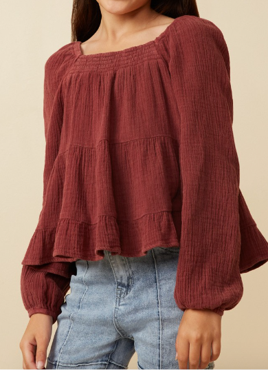 Girls Smock Detailed Textured Washed Peplum Top in Rust