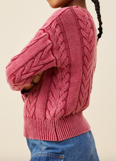 Girls Cable Knit Washed Pullover Sweater in Burgundy