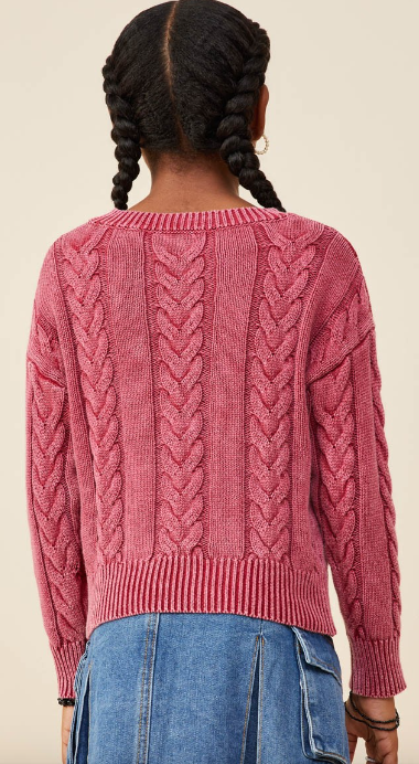 Girls Cable Knit Washed Pullover Sweater in Burgundy