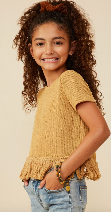 Girls Fringed Tassel Hem Textured Knit Top in Mustard