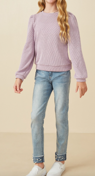 Girls Ribbed Knit Banded Detail Mock Top in Lavender