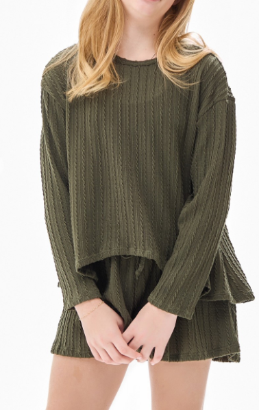 Embossed Knit Top and Skort Set in Olive