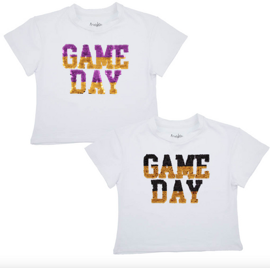 Sequin Reversible Purple/Black Gold Game Day