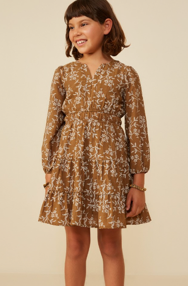 Girls Notch Detail Long Sleeve Floral Embroidered Dress