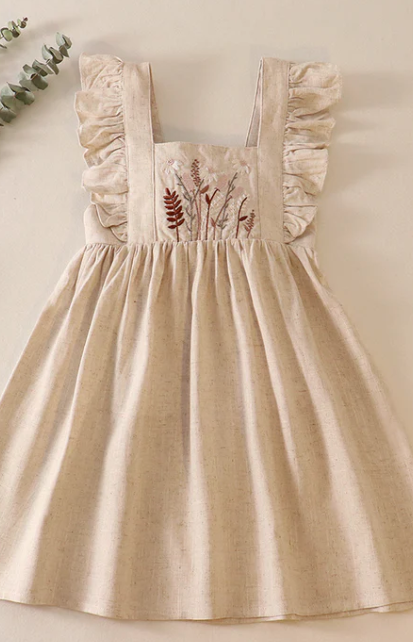 Beige Floral Embroidery Ruffle Linen Dress