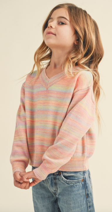 LS VNECK STRIPE SWEATER Muted Blush