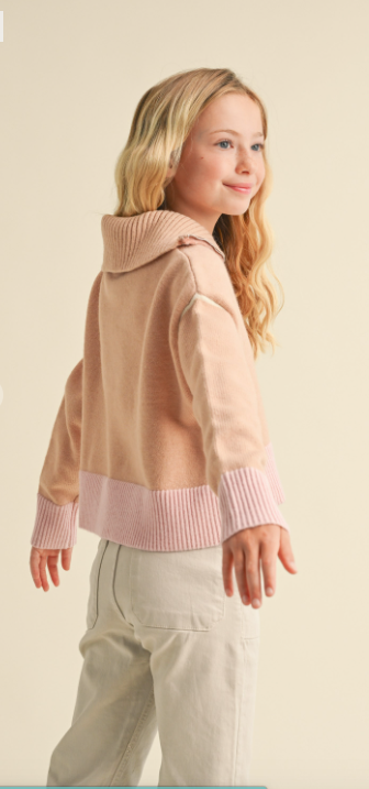 TWEEN KIDS GIRLS HALF ZIP SAILOR COLLAR SWEATER Peach/Pink