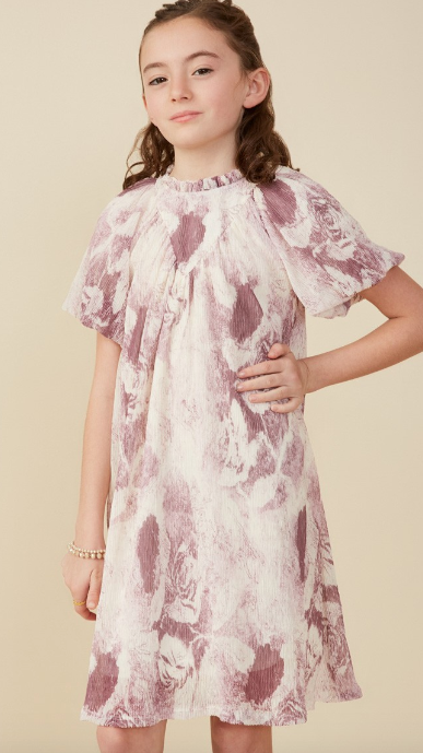 Girls Soft Sheer Floral Textured Puff Sleeve Dress