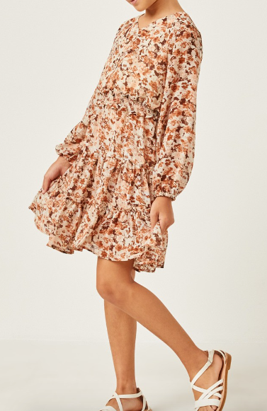 Floral Print V-Neck Smock Waist Tiered Mini Dress