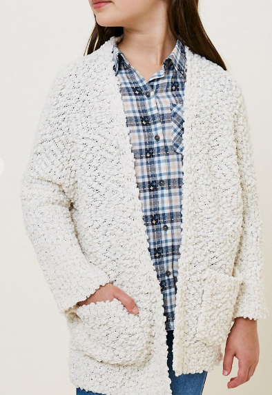 Girls Textured Open Front Sweater Cardigan in Cream