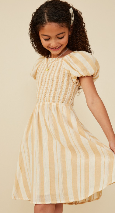 Girls Textured Stripe Smocked Puff Sleeve Dress in mustard