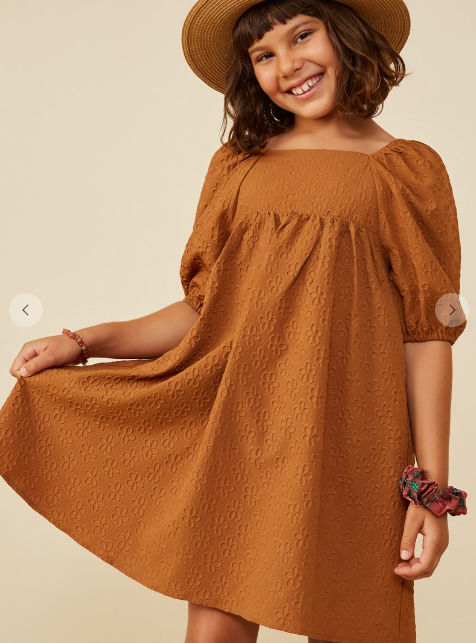 Girls Embossed Floral Square Neck Dress in Camel