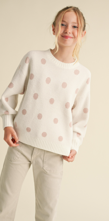 TWEEN KIDS GIRLS CREW NECK FITTED LONG SLEEVE SWEATER  IN POLKA DOTS