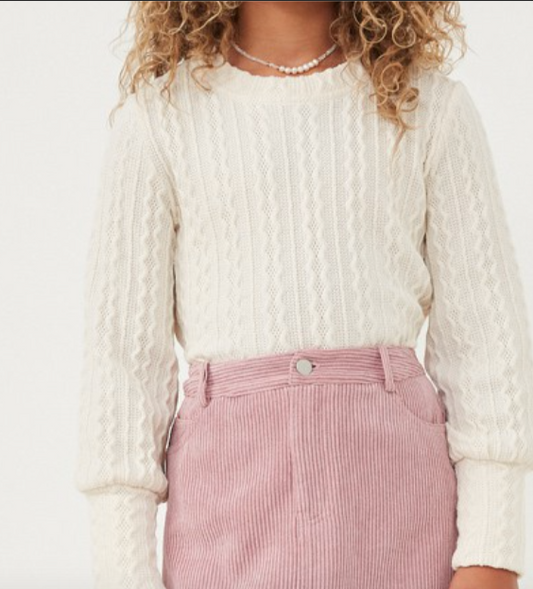 Girls Long Cuff Cable Knit Pullover Top in Ivory