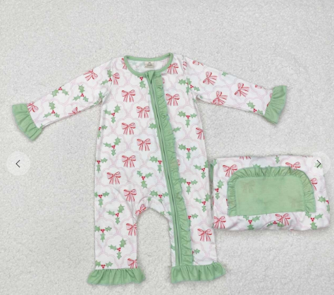 Green Bow Berry Bamboo Girls Christmas Onesie