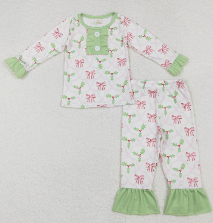 Green Bow Berry Bamboo Girls Christmas pajamas