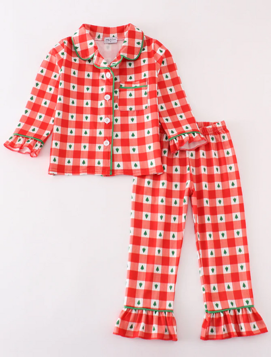 Girl Red Christmas Tree Gingham Pajamas Set