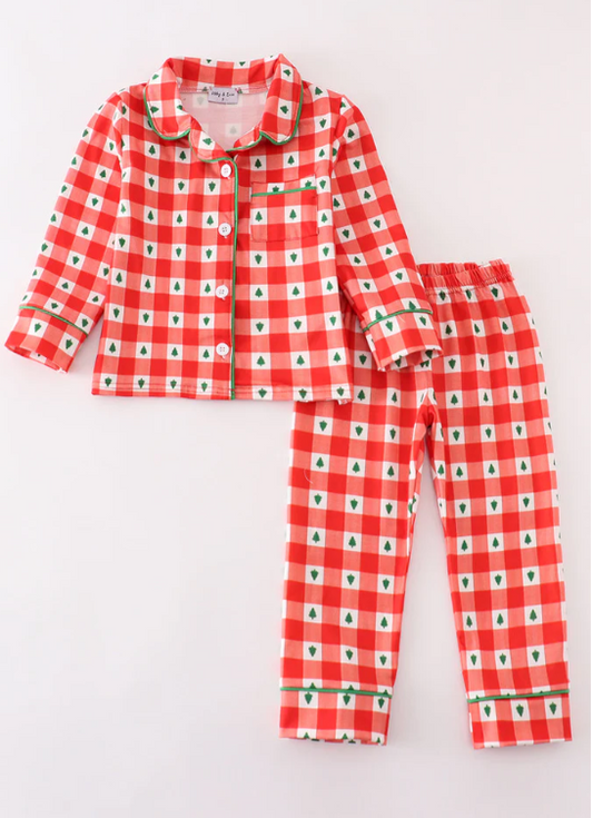 Boy Red Christmas Tree Gingham Pajamas Set