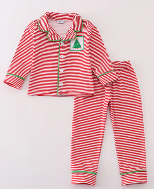 Red Stripe Christmas Tree Embroidery Boy Pajama Set