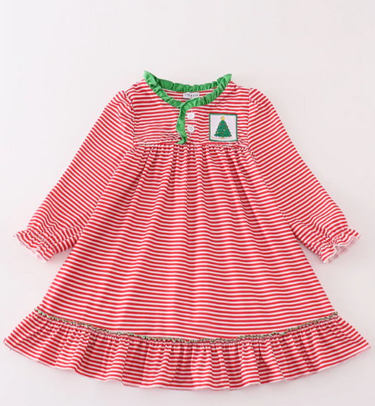 Red Stripe Christmas Tree Embroidery Girl Gown