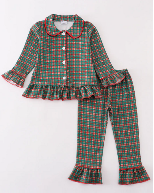 Green Plaid Girl Ruffle Pajama Set