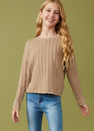 Girls Cable Knit Banded Knit Top in Mocha